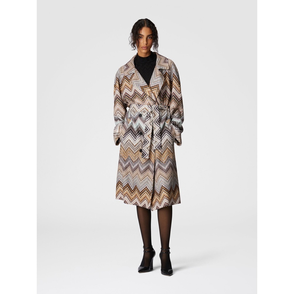 Missoni Viscose & Lame Chevron Zigzag Knit Double Breasted Trench Coat Size M